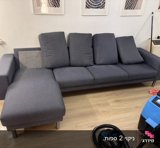 ספה אפורה עם מכונת ניקוי כחולה על רצפת עץ